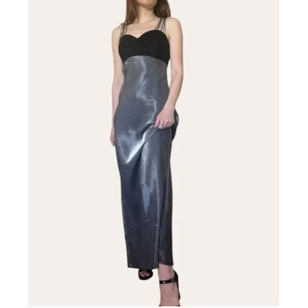 Vintage Y2K All That Jazz Black Velvet Satin‎ Gown Multi Strap Evening Dress 5/6